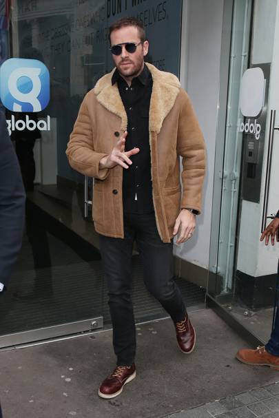 Armie Hammer sheepskin coat | British GQ